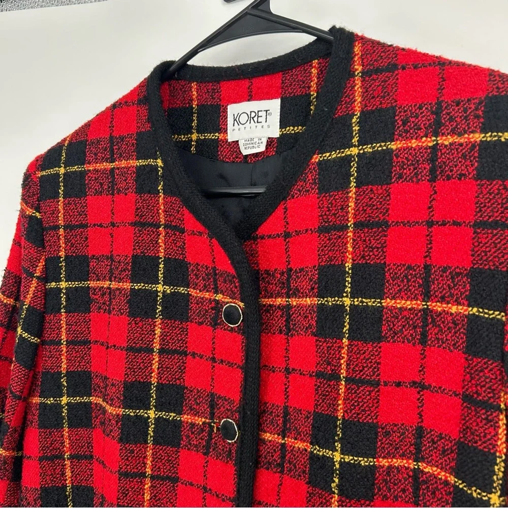 Vintage Koret Red Plaid Collarless‎ Blazer Jacket Wool Blend Size 8P